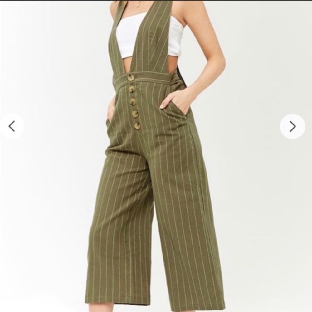 Olive Pin Striped Linen/Cotton Overall